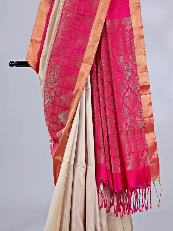 Beige banglori silk saree with subtle zari highlights