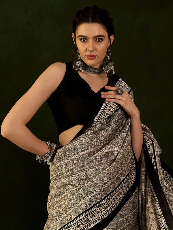 Beige bhagalpuri silk printed saree