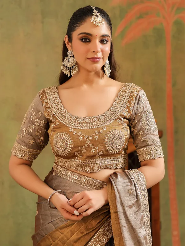 Beige brown tissue silk saree with rich embroidery
