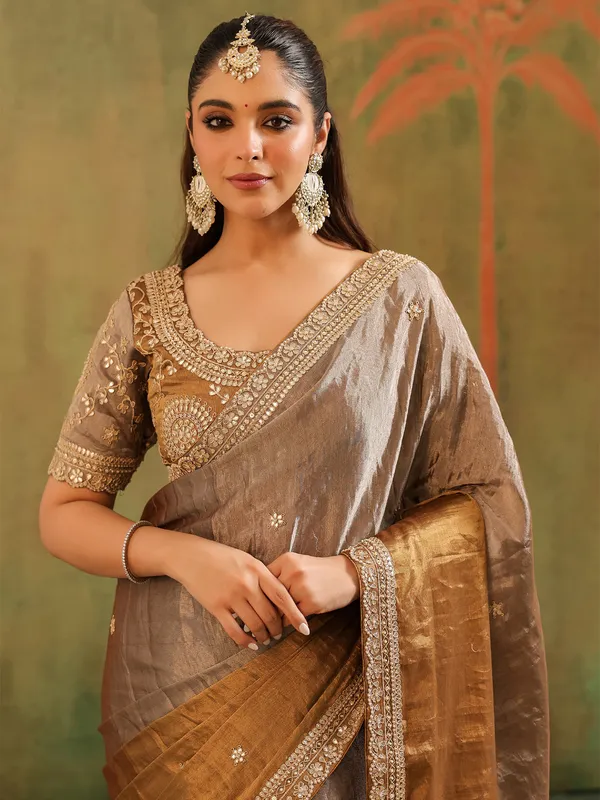 Beige brown tissue silk saree with rich embroidery