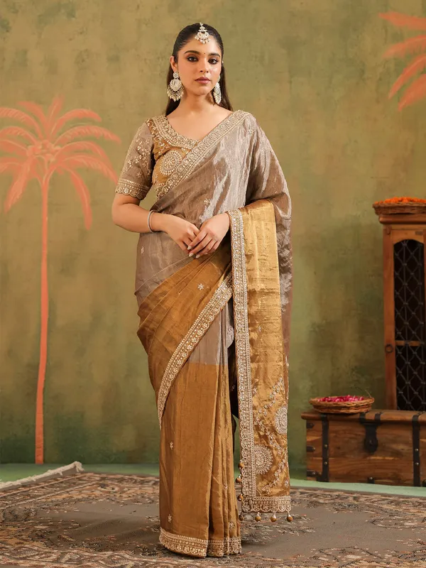 Beige brown tissue silk saree with rich embroidery