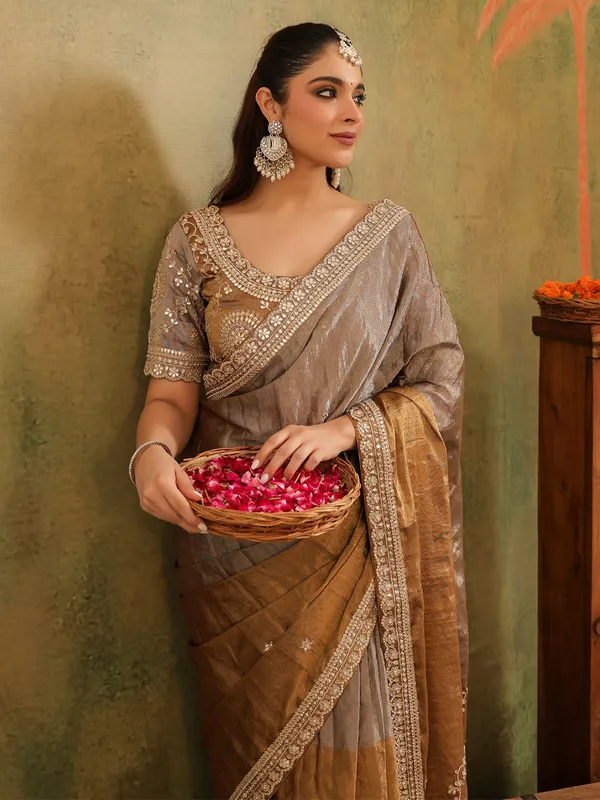 Beige brown tissue silk saree with rich embroidery