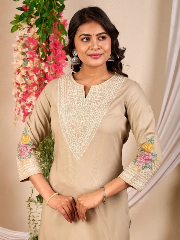 Beige casual cotton silk kurti