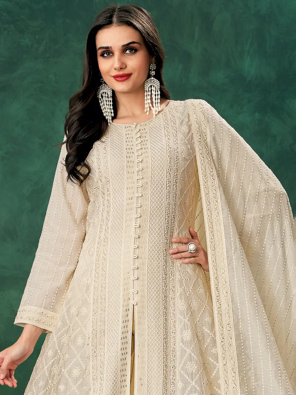 Beige chanderi thread worked salwar suit
