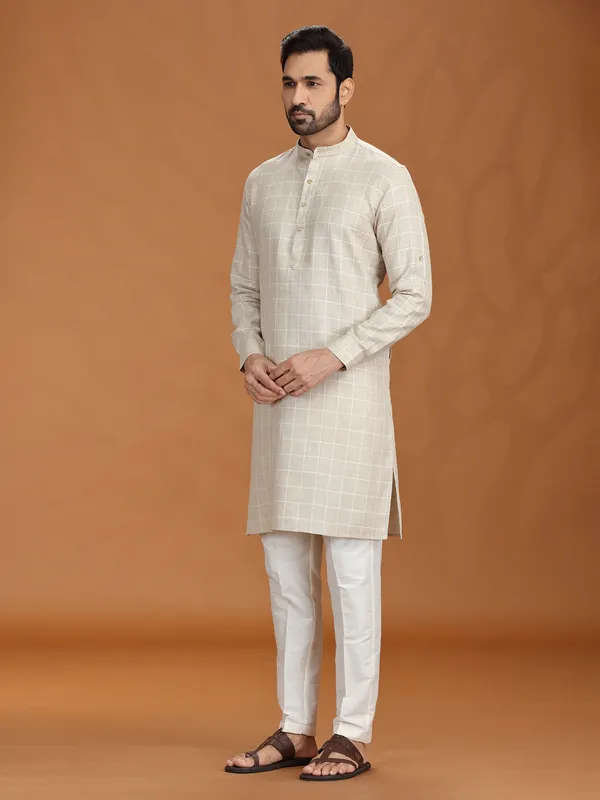 Beige checked linen kurta set for mens