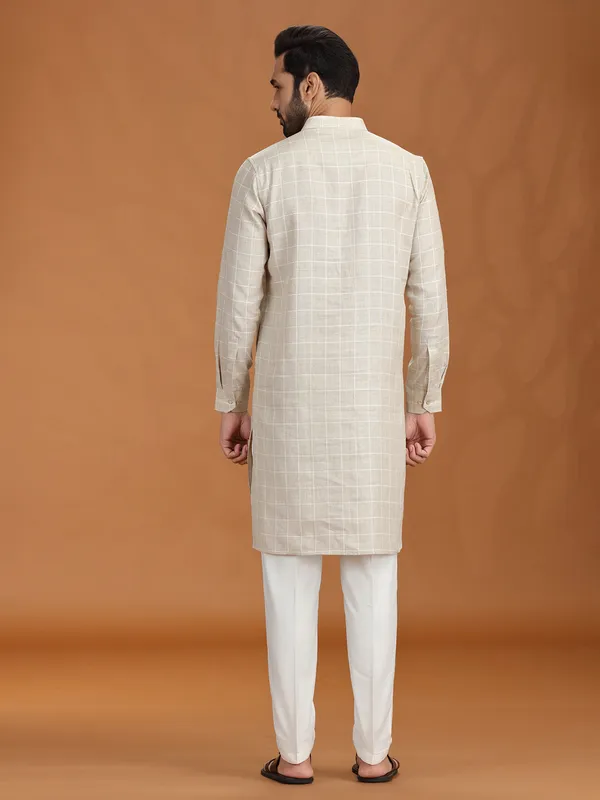 Beige checked linen kurta set for mens