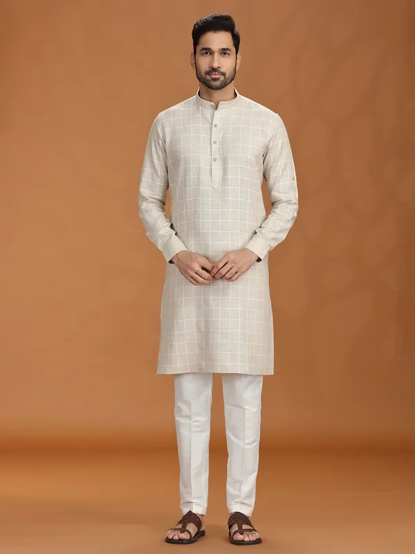 Beige checked linen kurta set for mens