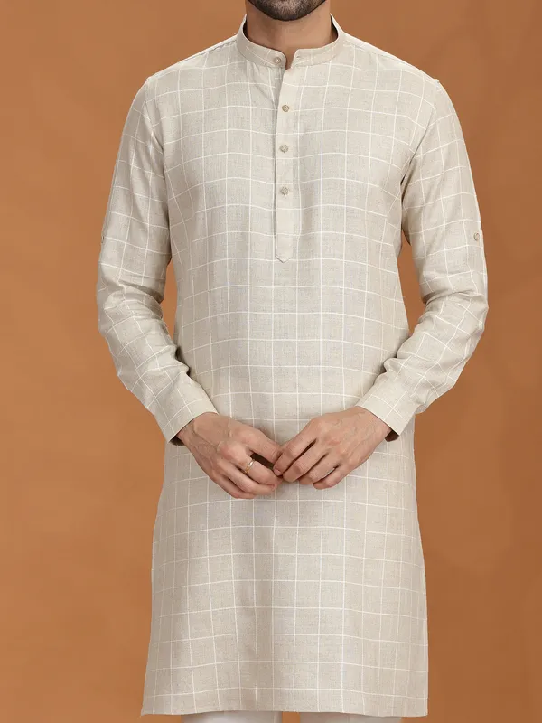 Beige checked linen kurta set for mens
