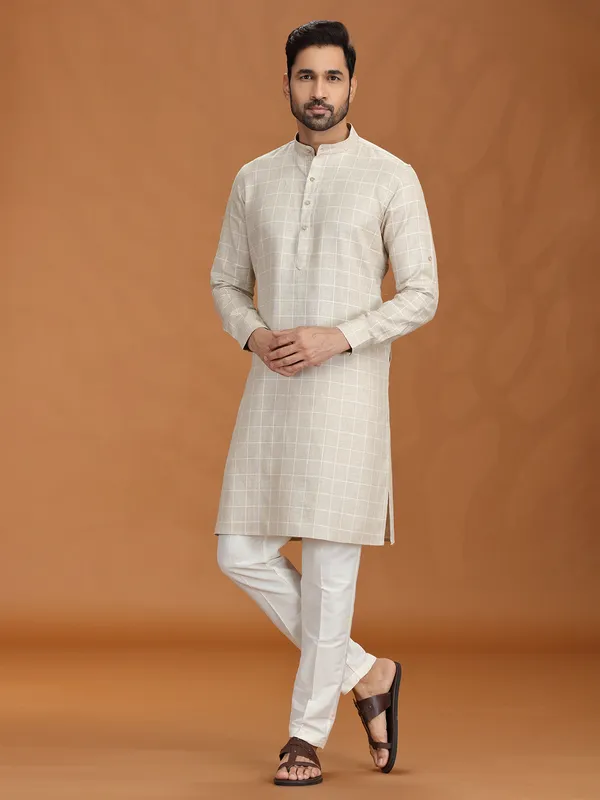Beige checked linen kurta set for mens
