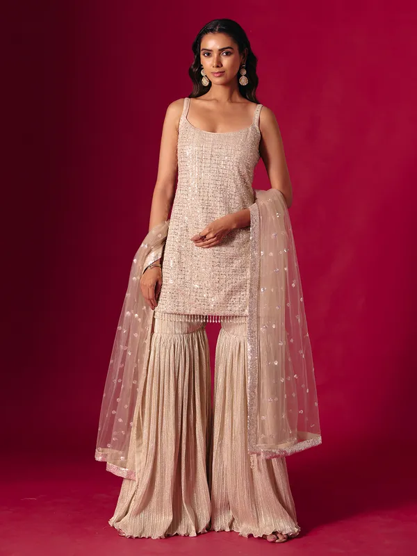 Beige chiffon sharara suit with dupatta