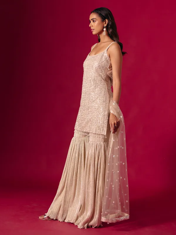 Beige chiffon sharara suit with dupatta