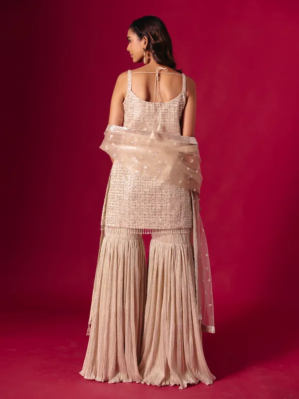 Beige chiffon sharara suit with dupatta