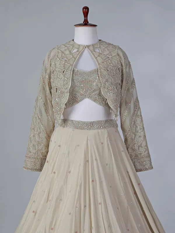 Beige chiffon silk jacket style lehenga choli