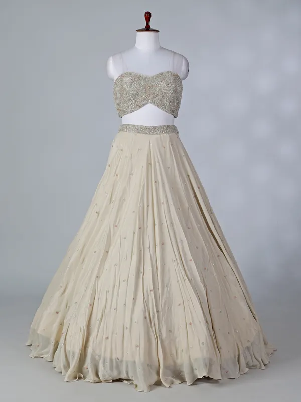 Beige chiffon silk jacket style lehenga choli