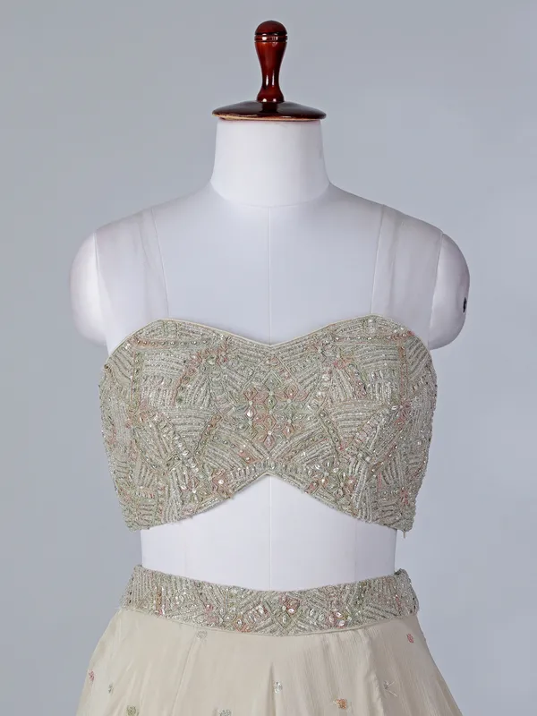 Beige chiffon silk jacket style lehenga choli