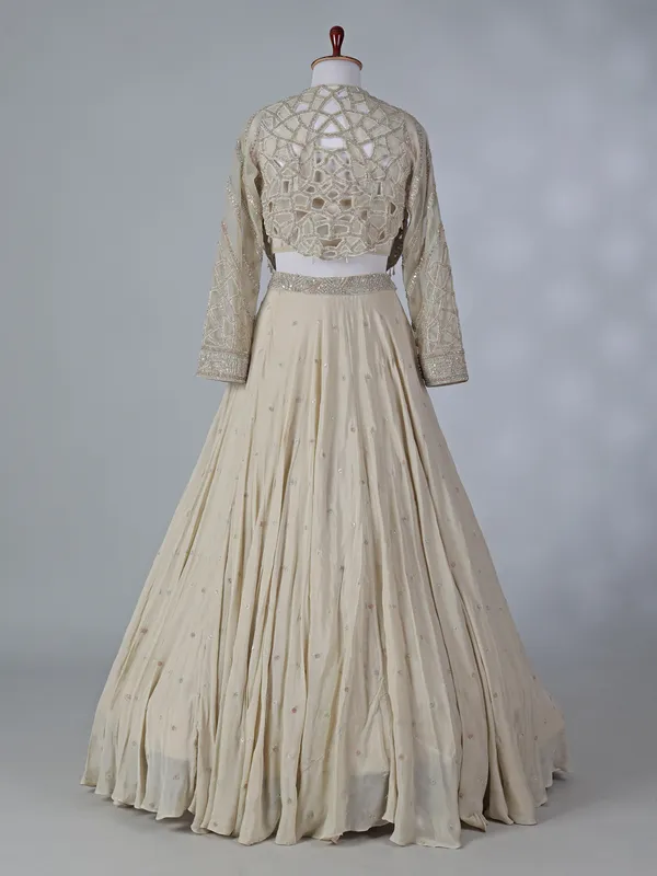Beige chiffon silk jacket style lehenga choli
