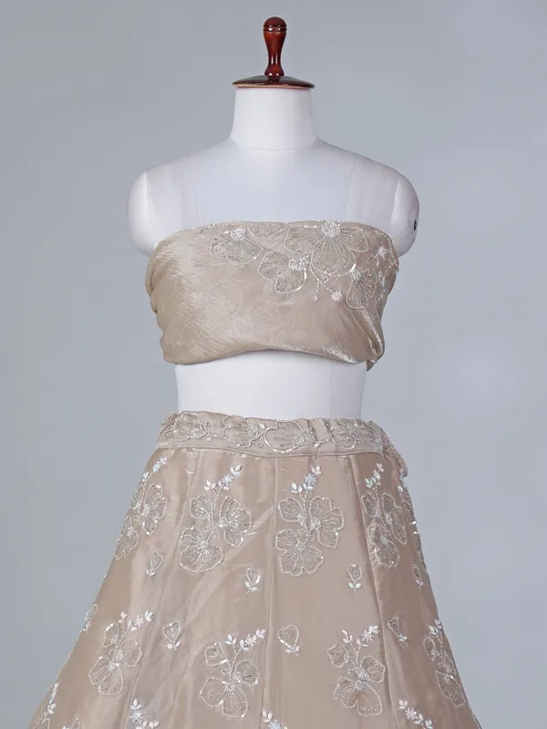 Beige chiffon unstitched lehenga choli with zardosi work