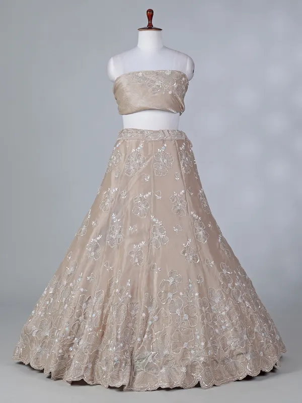 Beige chiffon unstitched lehenga choli with zardosi work