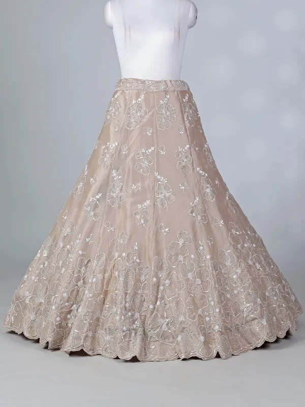 Beige chiffon unstitched lehenga choli with zardosi work