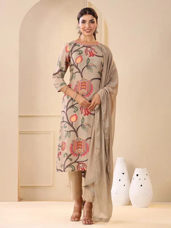 Beige classy cotton printed kurti set