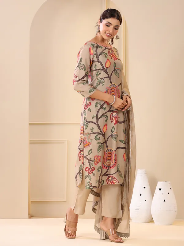 Beige classy cotton printed kurti set