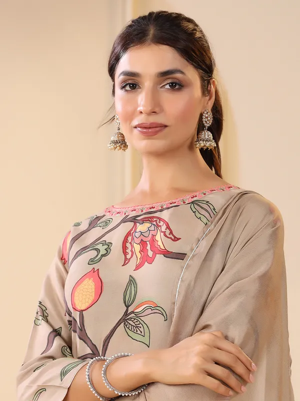Beige classy cotton printed kurti set
