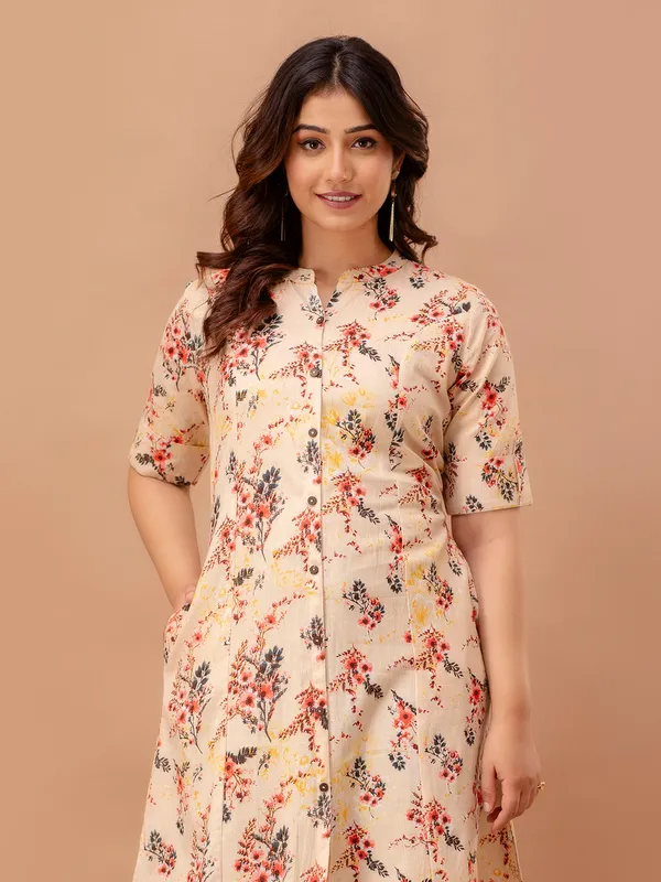 Beige cotton casual printed kurti