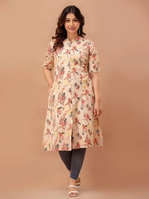 Beige cotton casual printed kurti