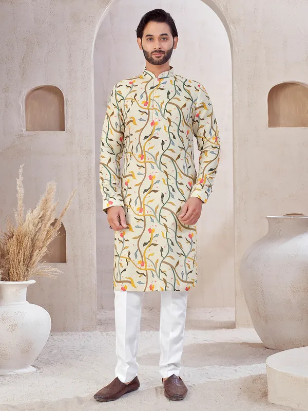Beige cotton festive wear printed kurta suit