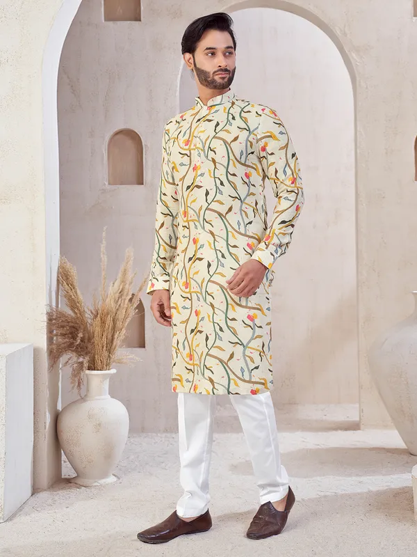 Beige cotton festive wear printed kurta suit