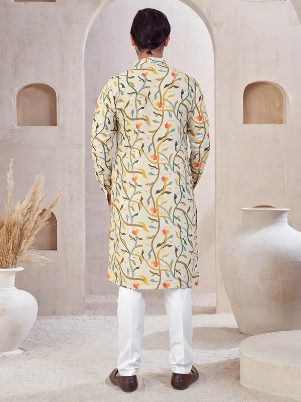 Beige cotton festive wear printed kurta suit