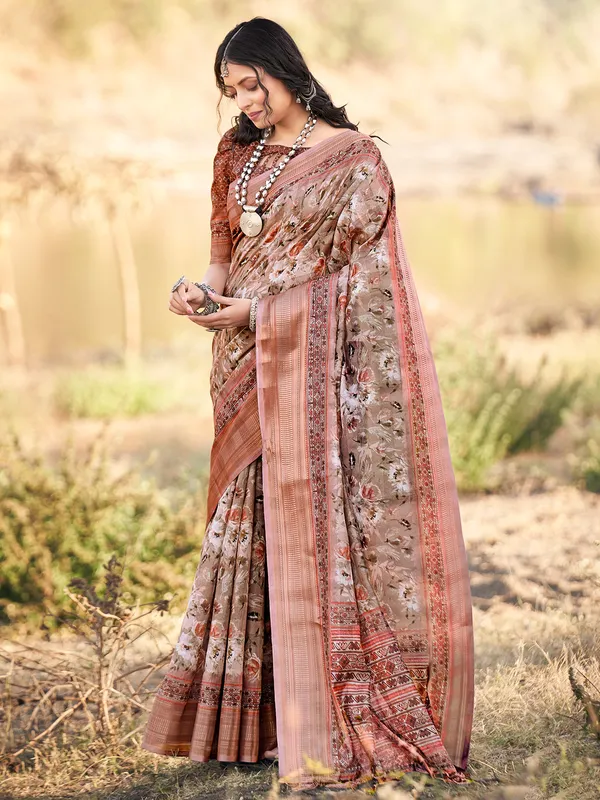 Beige cotton floral printed saree