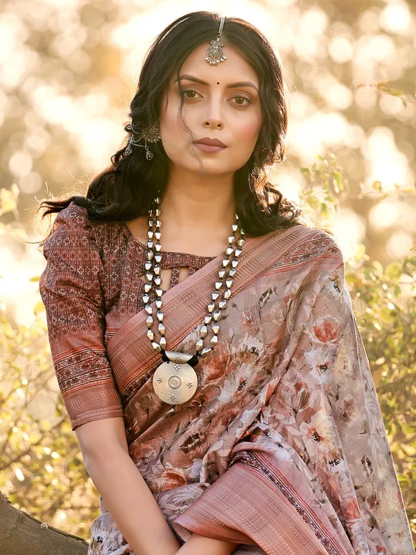 Beige cotton floral printed saree