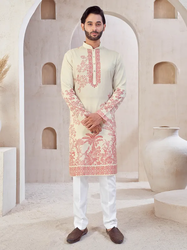 Beige cotton kurta pajama for festive wear