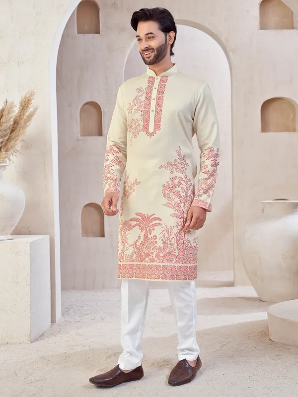 Beige cotton kurta pajama for festive wear