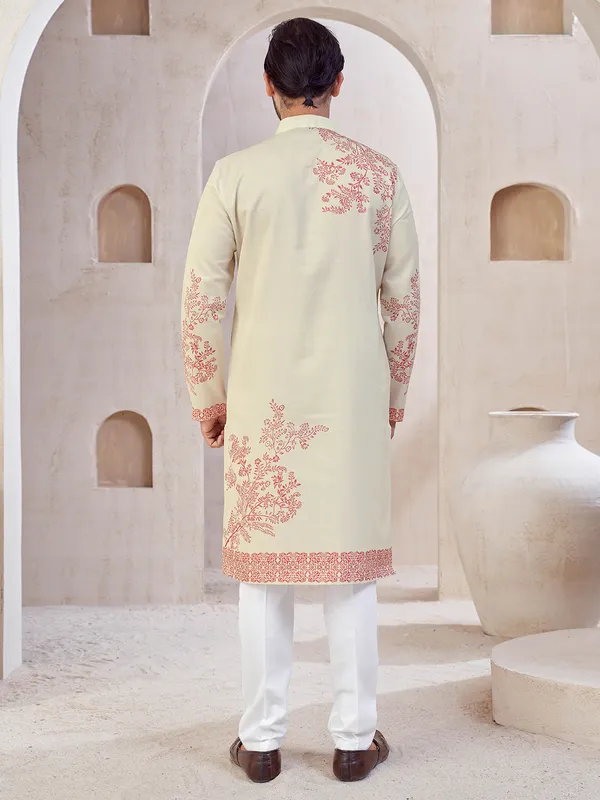 Beige cotton kurta pajama for festive wear