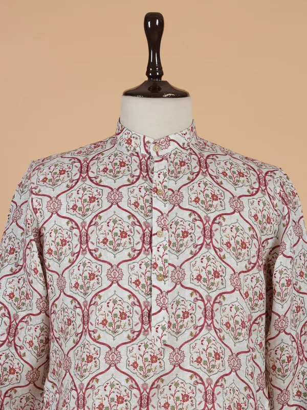 Beige cotton kurta set with colorful prints