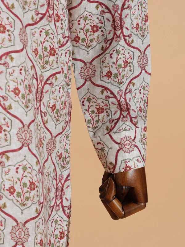 Beige cotton kurta set with colorful prints