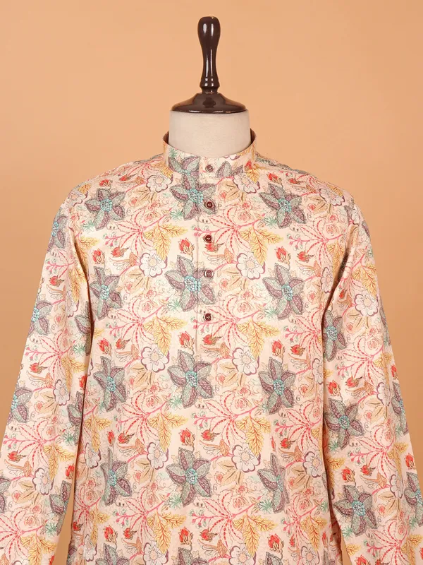 Beige cotton kurta suit with alluring print