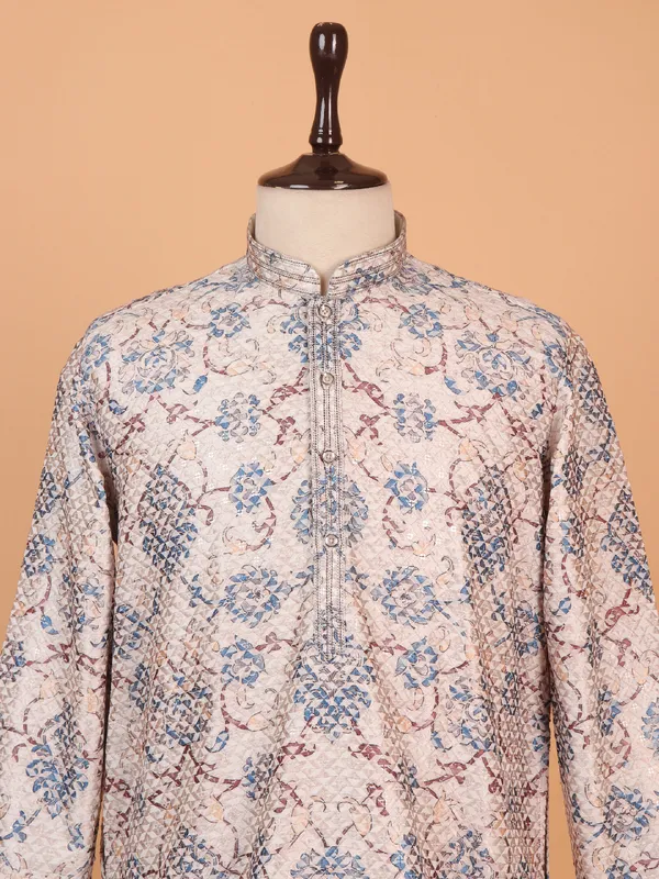 Beige cotton kurta suit with prints