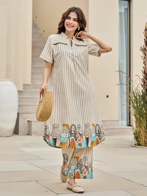 Beige cotton kurti set with print