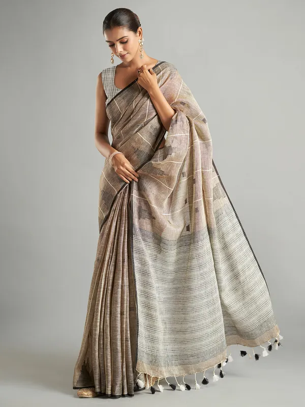 Beige cotton linen stripe saree