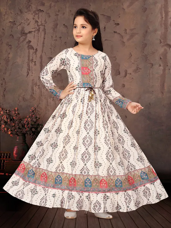 Beige cotton printed anarkali suit