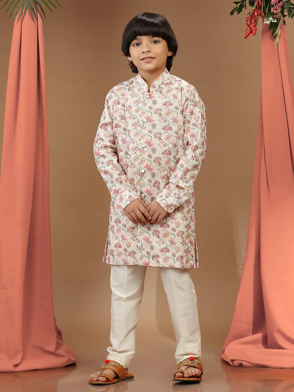 Beige cotton printed boys kurta suit