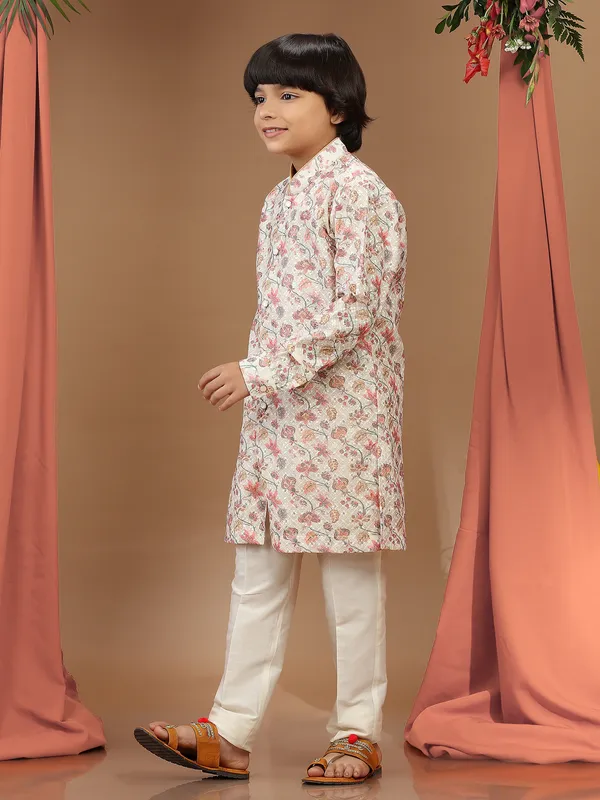 Beige cotton printed boys kurta suit