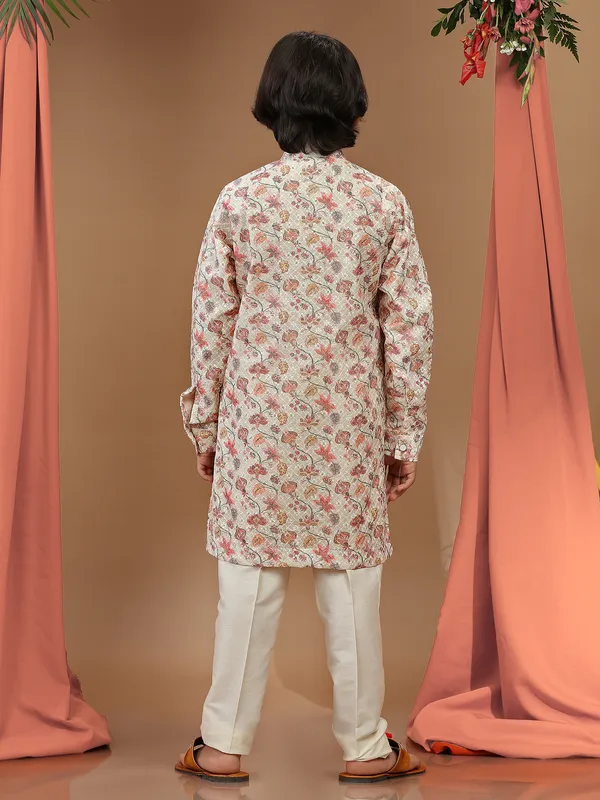 Beige cotton printed boys kurta suit