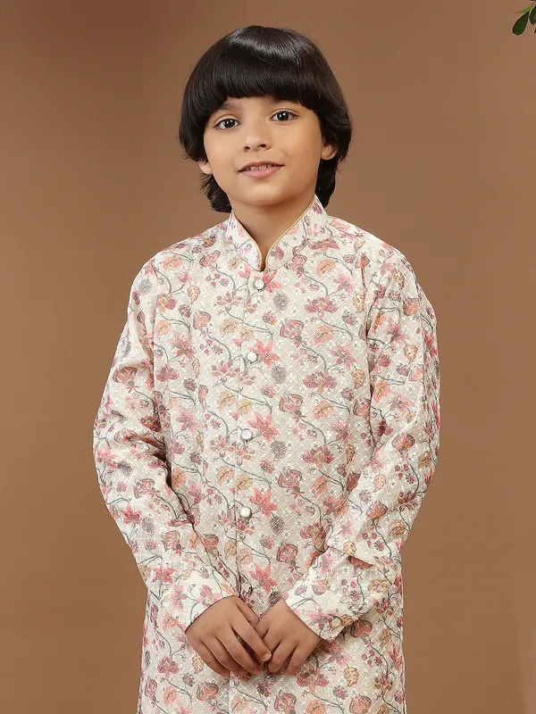 Beige cotton printed boys kurta suit