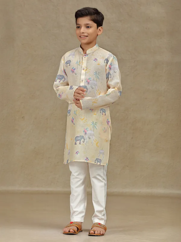 Beige cotton printed kurta suit for boys