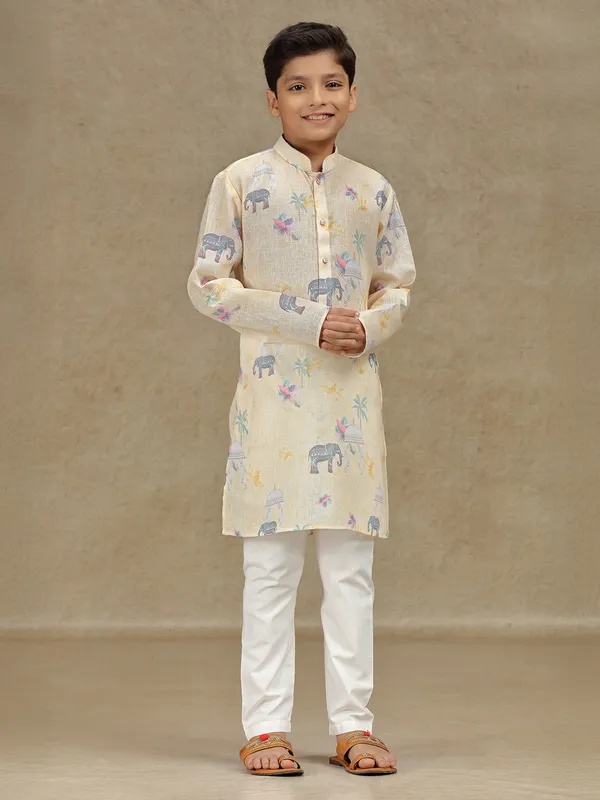 Beige cotton printed kurta suit for boys