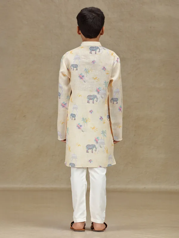 Beige cotton printed kurta suit for boys